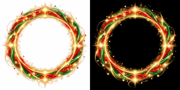 Christmas wreath glowing frame with golden sparkles, red and green magic light swirls and snowflakes on transparent background for festive holiday card design png