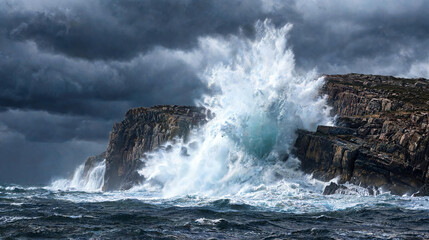 Obraz premium Giant storm wave exploding against sea cliffs