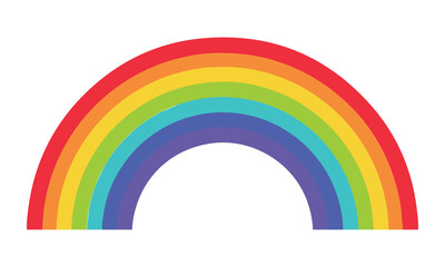 Obraz premium Vibrant rainbow arc with multiple colored stripes in red, orange, yellow, green, blue, indigo, and violet against white background.