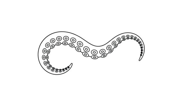Simple black and white vector line drawing of a curved octopus tentacle with suckers isolated on a clean white background.