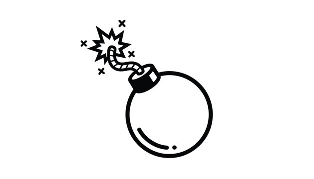 Black and white outline vector icon of a classic round cartoon bomb with a burning sparkling fuse isolated on white.