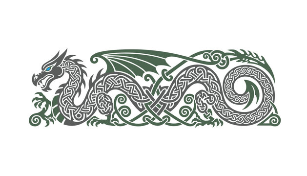 Celtic dragon knot border in green and gray colors featuring intricate traditional Norse and Irish knotwork patterns.