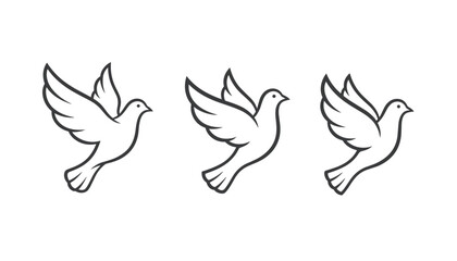 Fototapeta premium Outline illustrations of three flying peace doves carrying wings high up in a diagonal row on white background.