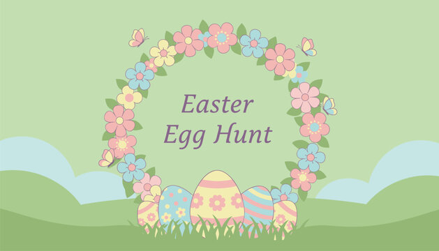 Beautiful easter egg hunt banner with colorful flower wreath and decorated eggs hidden in green grass at bottom.