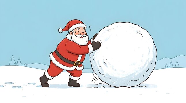Santa Claus pushes a giant heavy snowball on winter background