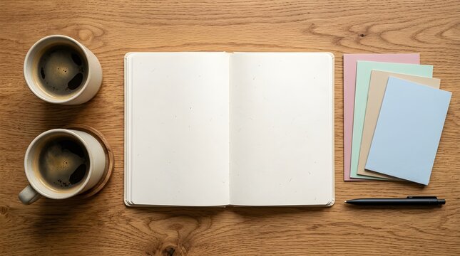 An open blank notebook sits on a warm wooden desk beside two coffee cups, pastel index cards and a black pen, creating a cozy, productive workspace for writing, planning and creative brainstorming.