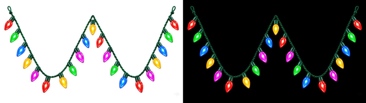 Christmas string lights with glowing colorful bulbs, 3D render of festive decorative garland isolated on transparent background for holiday party web design, greeting card and winter banner assets