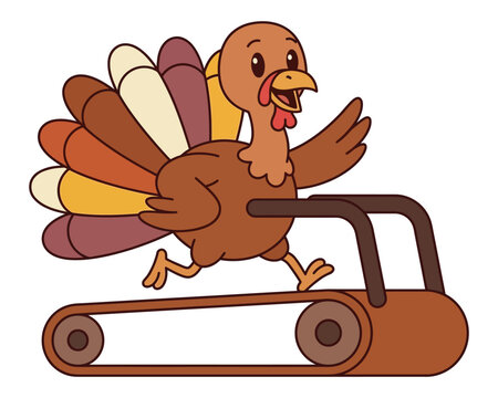 Cartoon turkey running on a treadmill colorful vector illustration
