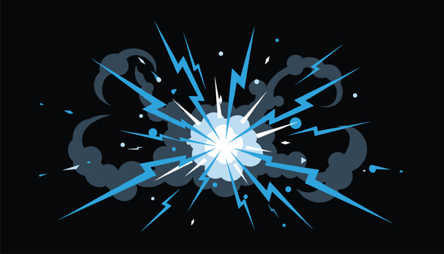 Powerful electric explosion effect showing blue lightning bolts and dark smoke clouds on a black background.