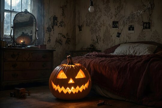 zucca di holloween accesa in una casa