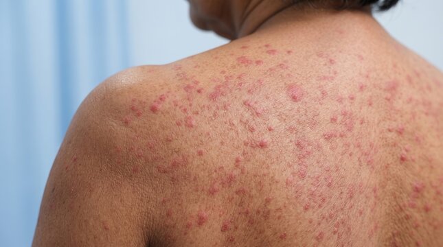 Close up of a widespread red maculopapular rash or allergic hives on a patient's back and shoulder