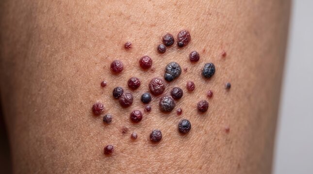 Macro view of multiple dark purple angiokeratomas or nodular vascular lesions on human skin, dermatological pathology