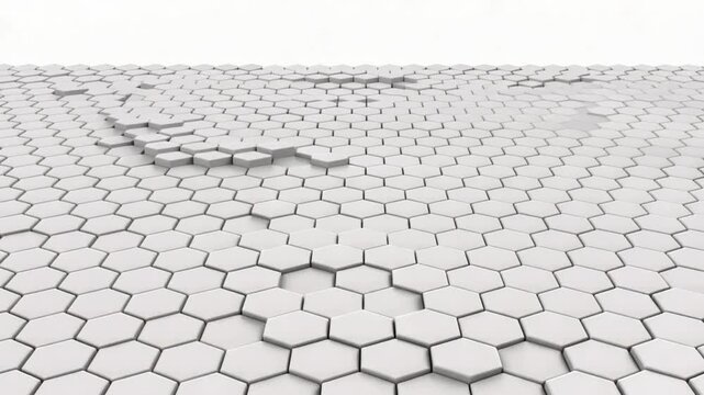 White 3D hexagonal tiles rise in a gentle wave across a clean seamless geometric background.