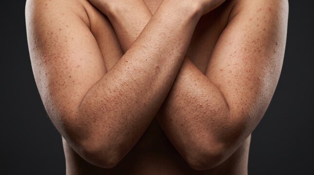 Person with crossed arms showing widespread keratosis pilaris bumps and rough skin texture on upper limbs