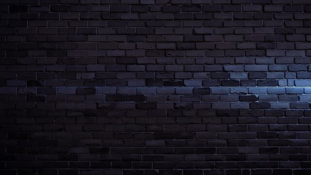 A dark brick wall is illuminated by slowly moving electric blue neon light in a modern urban texture background.