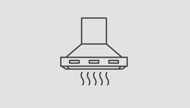 Modern kitchen hood ventilation appliance silhouette icon with control buttons and steam lines on a light grey background.