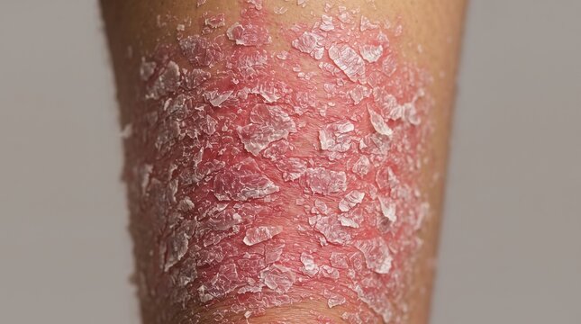 Extreme close-up of severe psoriasis with thick silvery scales and erythematous plaques on limb