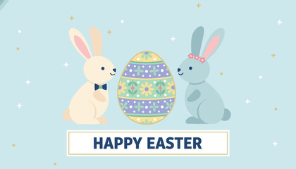 Obraz premium Sweet Easter celebration scene features two cute bunnies sitting on either side of a large beautifully decorated pastel colored egg.