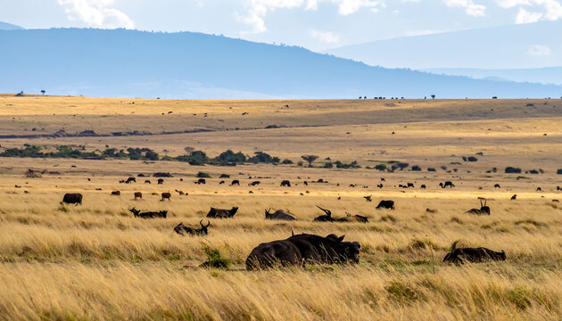 African savanna landscape with herd of wildebeest and buffalo grazing in dry golden grass under blue sky