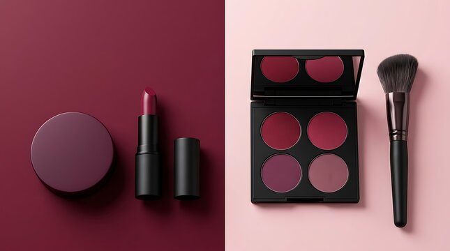 Lipstick and eyeshadow makeup palette with cosmetic brush arranged on a two tone dark and light background. makeup combo offers