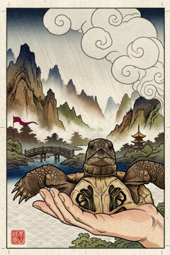 Estampe japonaise traditionnelle d'une tortue regardant le ciel pluvieux