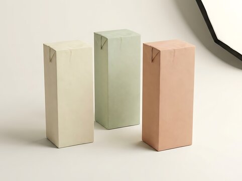 Three colorful blank carton boxes for juice or milk standing in a row on a light neutral surface studio. juice box mockup
