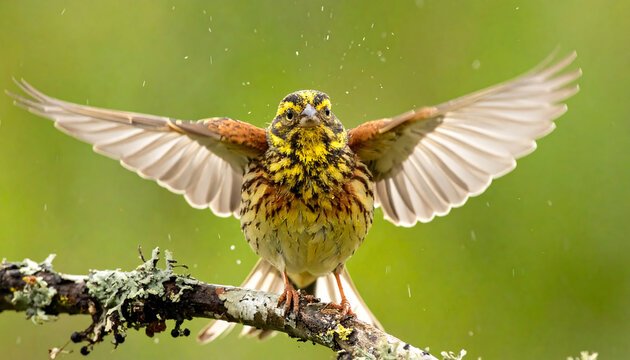 Close up of a yellow and brown bird with wings spread wide perched on a mossy branch in the rain