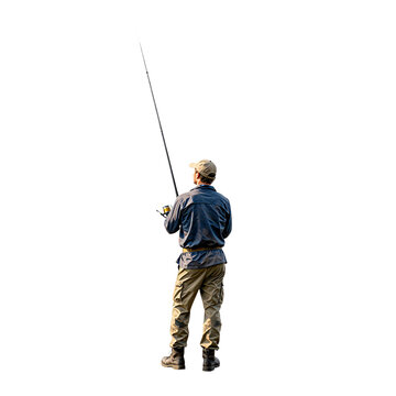 Fisherman casting rod in outdoor environment, viewed from behind