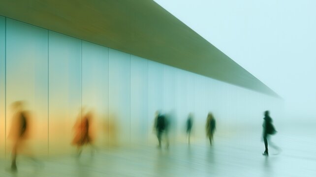 People moving through a modern architectural space with motion blur creating a sense of anonymity and passage