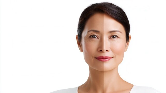 Woman's face demonstrating anti aging skin care effect showing youthful and older skin comparison