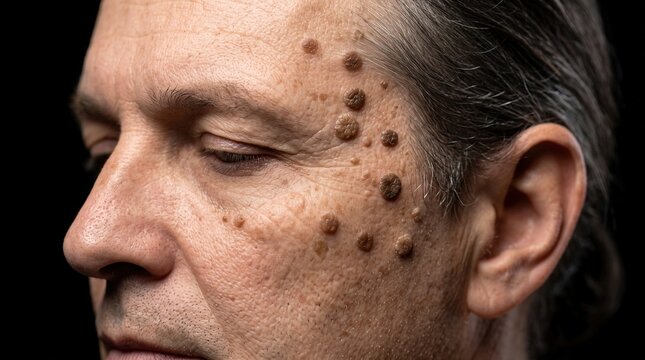Multiple Seborrheic Keratosis Benign Skin Growths on Male Face Profile