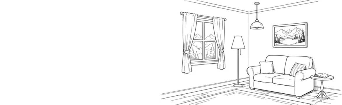 Living room interior outline sketch with cozy couch side table lamps window mountain view picture frame vector.