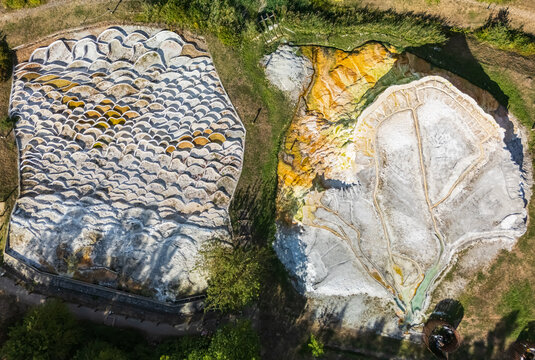 Aerial view of Egerszalok salt hill with thermal springs on sunny summer day