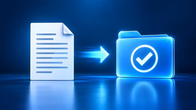 Automated digital document transfer to secure folder with checkmark icon for efficient cloud data management