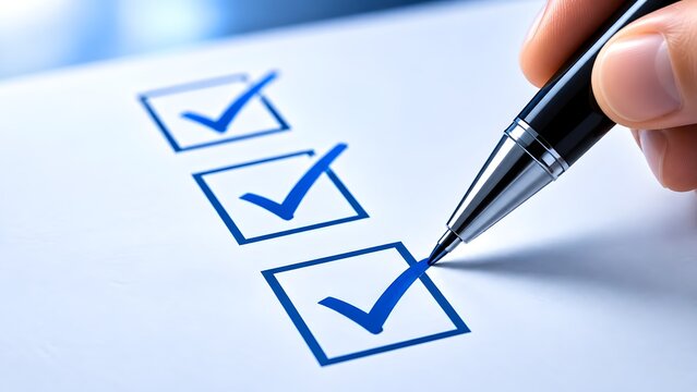 Person marking blue checkmarks in checkboxes on paper document for quality assurance and compliance checklist