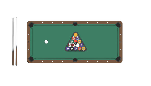 Top view of a green billiard table set with a full rack of colored pool balls, a white cue ball, and two wooden sticks on the side for.