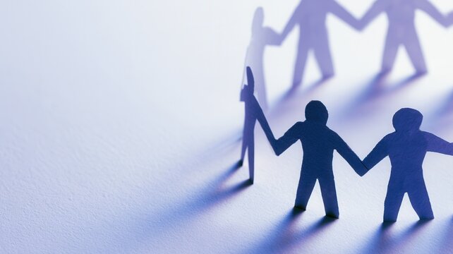 Paper people chain forming a connected community symbolizing teamwork unity and global partnership