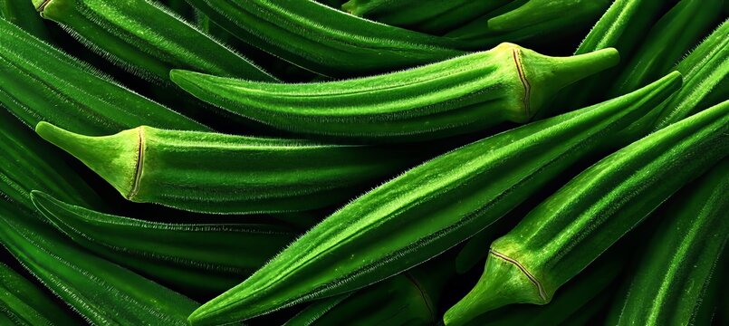 Fresh Raw Okra Pods Collection Background View Close Up of Green Vegetable Texture and Fiber Surface