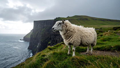 Obraz premium Fluffy Sheep Standing on a Grassy Cliff Edge Overlooking the Ocean and Dramatic Cliffs