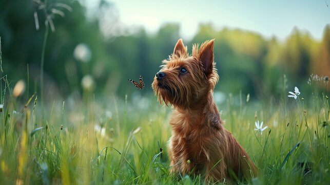 Profile of a small red terrier dog sitting in tall grass watching a butterfly in a sunny summer meadow.