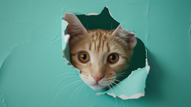 Curiously attentive orange tabby cat peeks through a torn teal paper backdrop with wide eyes