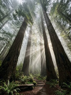 Low angle view of giant redwood trees with dramatic sun rays piercing through foggy forest
