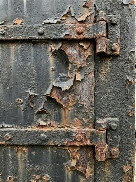 Weathered peeling black paint on rusty iron door with heavy hinges and metal straps