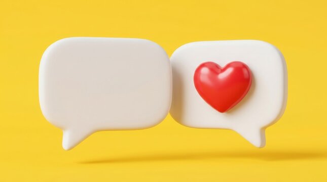 Speech bubbles 3D illustration with red heart on yellow background, communication and love concept