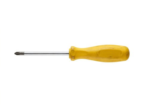 A yellow handled Phillips screwdriver with a metal shaft isolated on a white background, representing maintenance and manual tool hardware