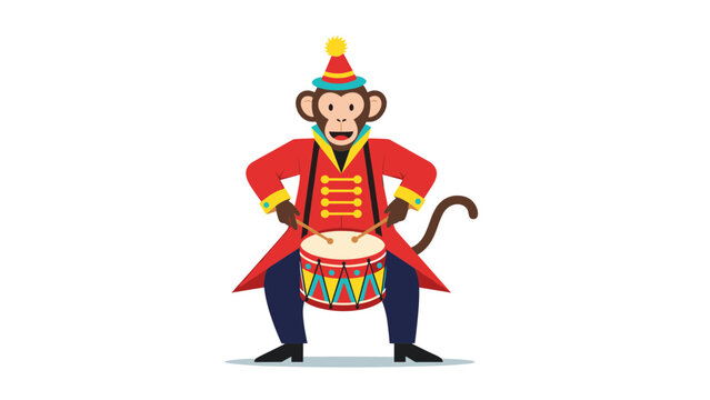 Cheerful cartoon monkey dressed as a circus ringmaster standing and playing a colorful snare drum on a white background.