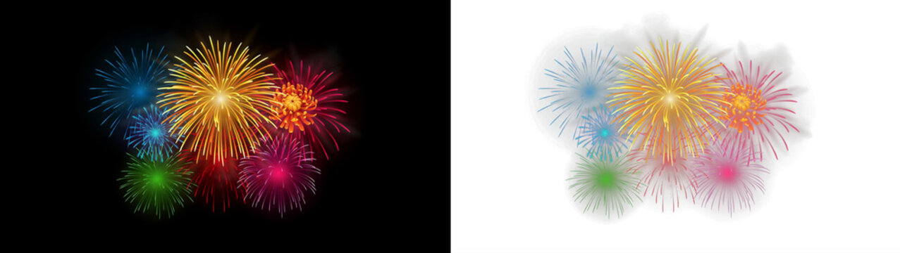Colorful festive fireworks display set, bright pyrotechnic explosions in various colors isolated on transparent background