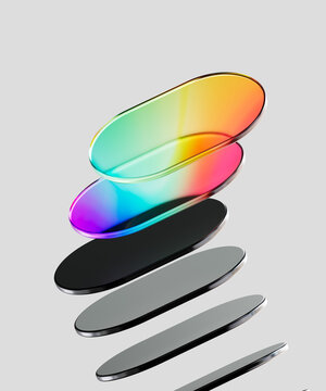 Stacked rounded black metal glass plates with iridescent colors geometric 3d abstract design element