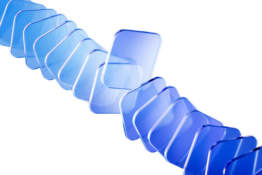 Blue glass squares row with one tile lifting off geometric abstract background. Innovation, standing out from the crowd, or extracting specific data in IT infrastructure. 3d rendering