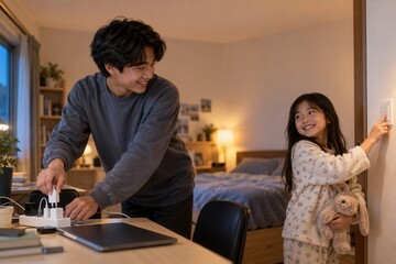 Fototapeta premium Teen brother unplugging chargers while little sister switches light at home to save energy in evening